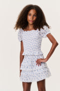 Light blue printed ruffle mini skirt with layered tiers, short length