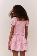 Pink lattice ruffle tier mini skirt with layered frill hem