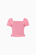 Tween pink Fabielle top with square neck, short puff sleeves, smocked fabric