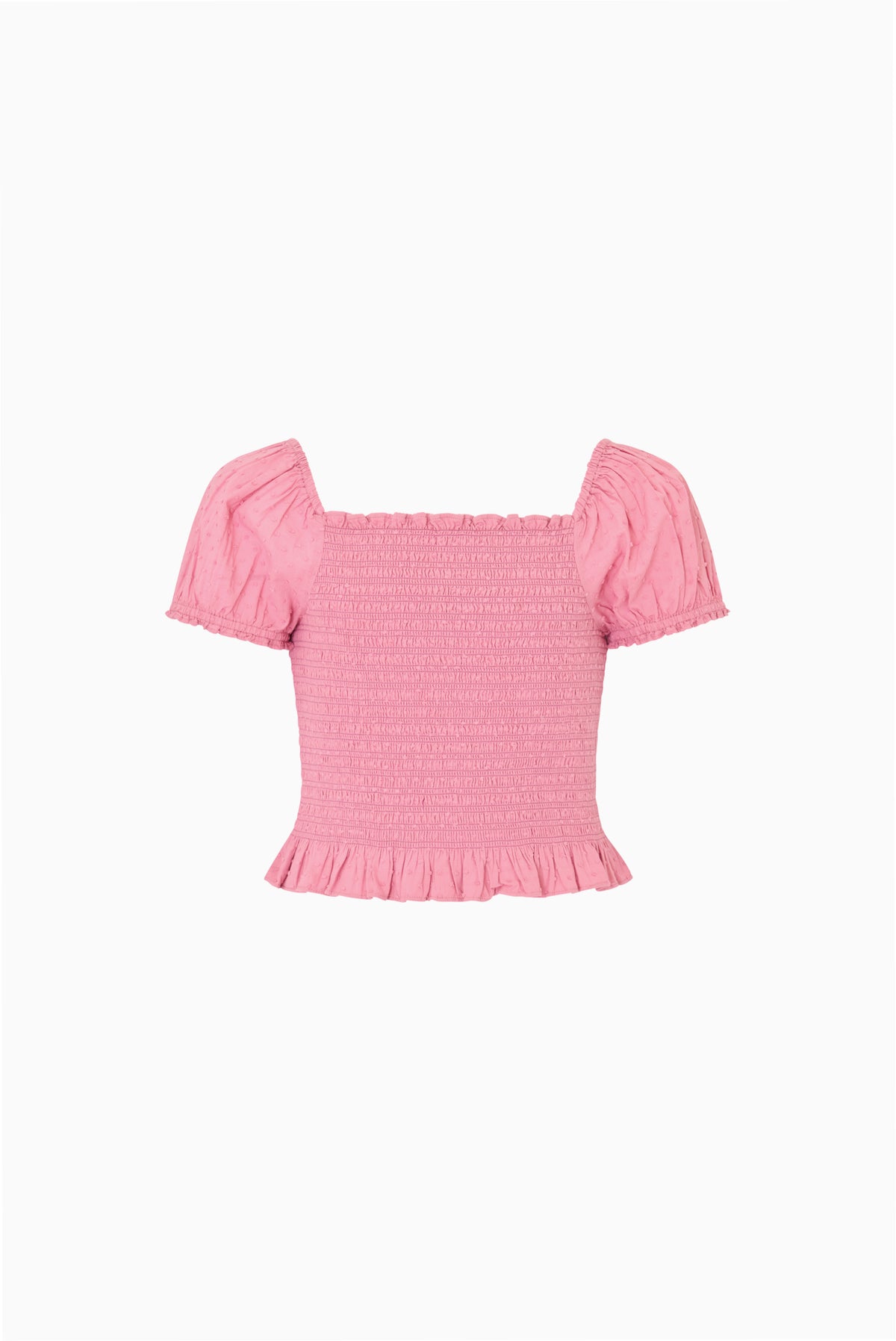 Tween pink Fabielle top with square neck, short puff sleeves, smocked fabric