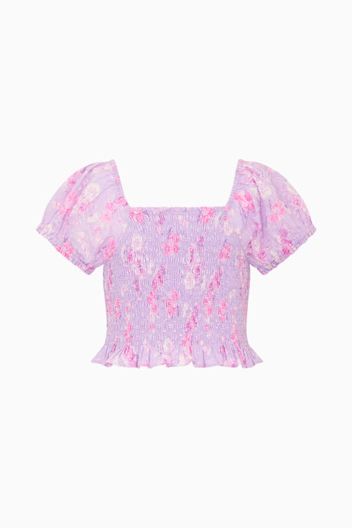 Girls heirloom print top, pastel lilac floral with square neckline and puff sleeves