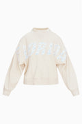 Cream mockneck crew sweatshirt with large pastel letter graphic; long sleeves