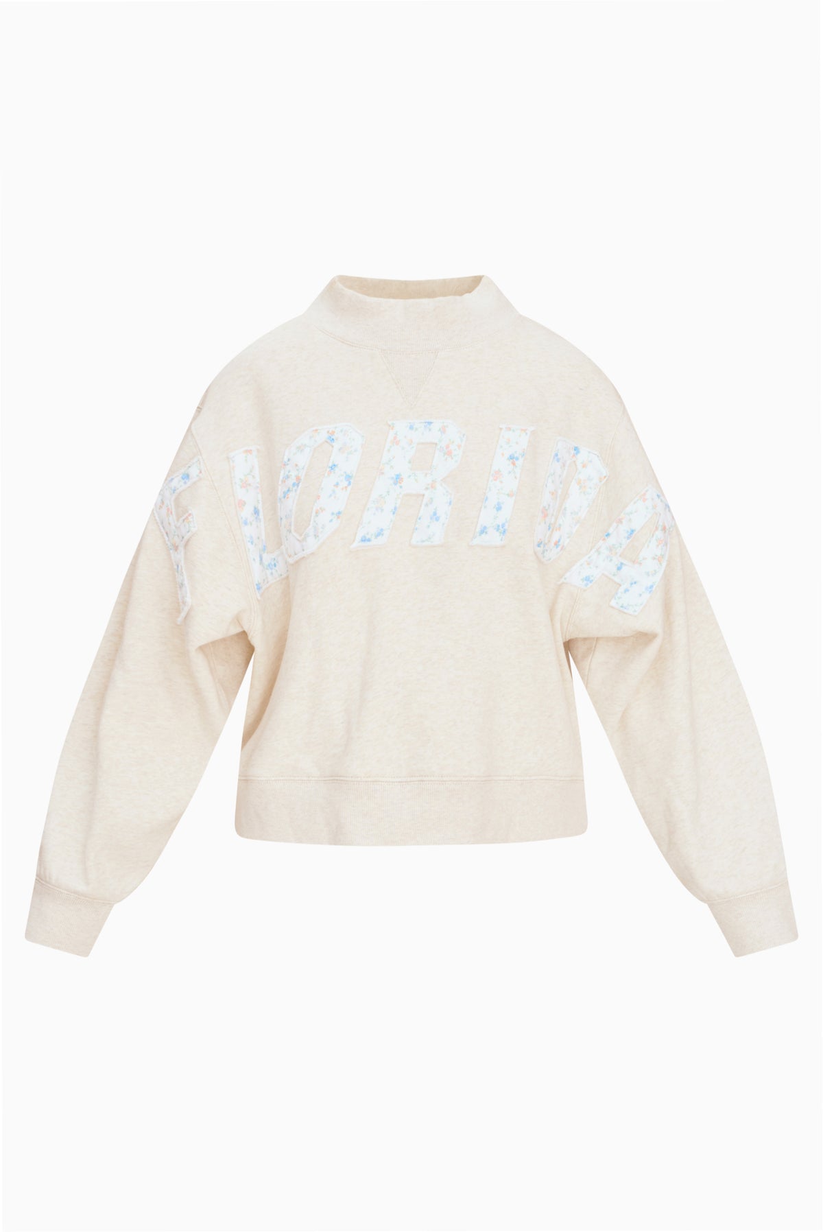 Cream mockneck crew sweatshirt with large pastel letter graphic; long sleeves