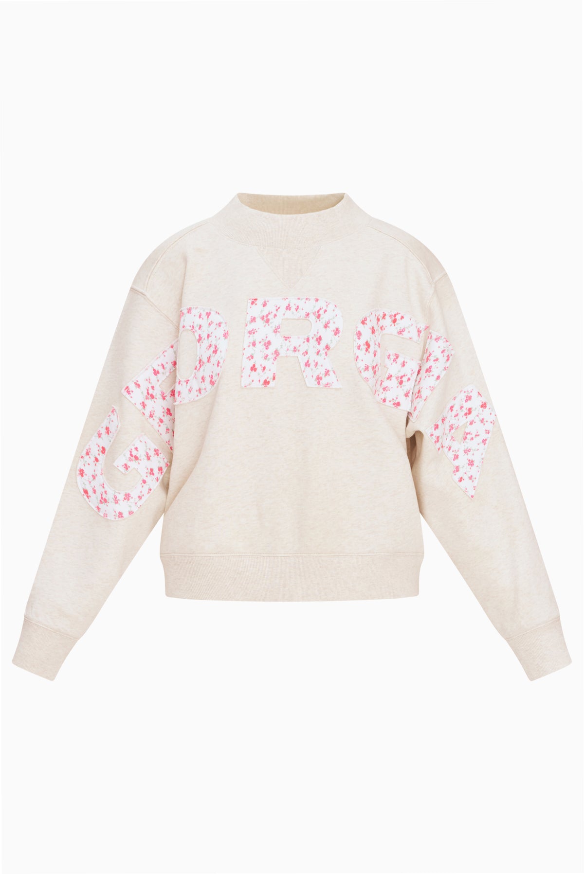 Cream mockneck crew sweatshirt with pink dotted lettering across the front