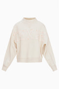 Cream mockneck crew sweatshirt with long sleeves and “FANATICS” floral print across chest
