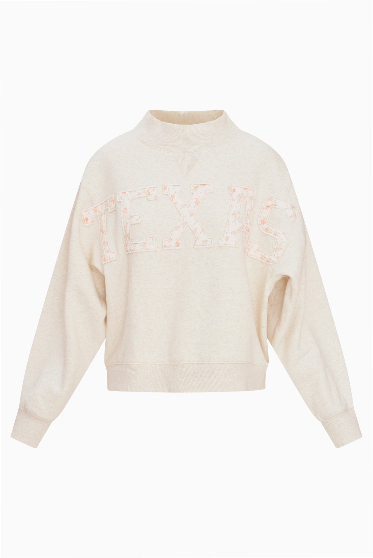 Cream mockneck crew sweatshirt with long sleeves and “FANATICS” floral print across chest