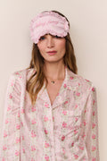 Pink ruffled eye mask worn on face, 'feeling fancy' front print and elastic band