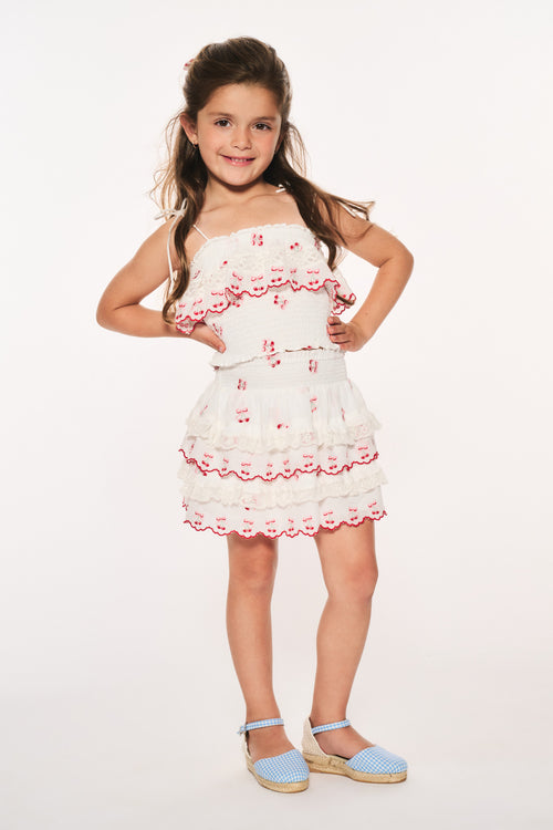 Girls' white cotton ruffle cami top with cherry print and red trim