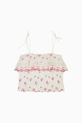 Girls' white cotton cherry print cami top with spaghetti straps and red ruffle hem