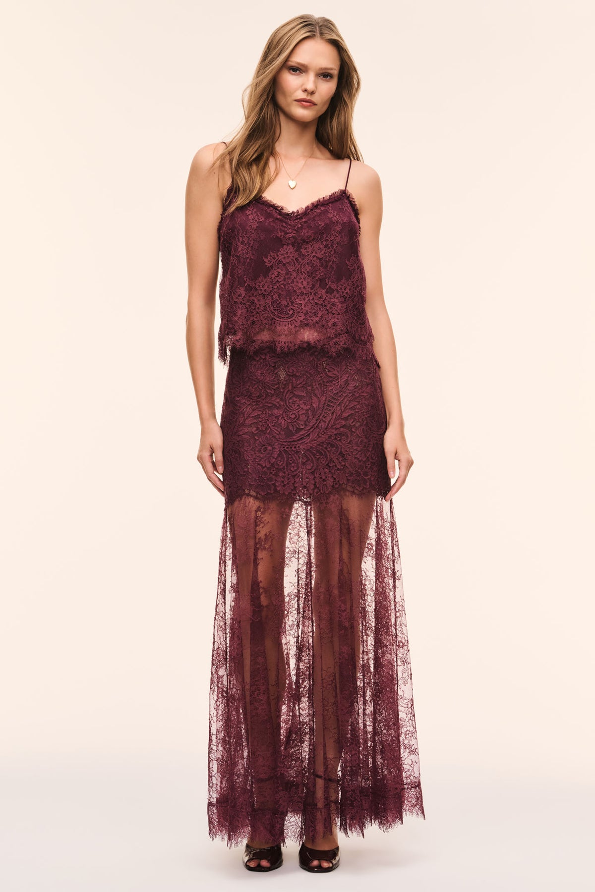 Faded merlot lace maxi skirt with straight silhouette and layered tulle hem