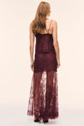 Faded merlot lace maxi skirt with back yoke and sheer overlay