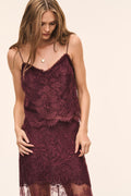 Burgundy lace cami top with spaghetti straps and ornate lace overlay