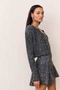 Black sequin stretch knit cardigan, long sleeves, button front, cropped length
