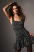 Black sequin sleeveless mini dress, square neckline, flared ruffle hem