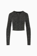 Black sequin stretch knit cardigan flat lay, long sleeves and button-front design