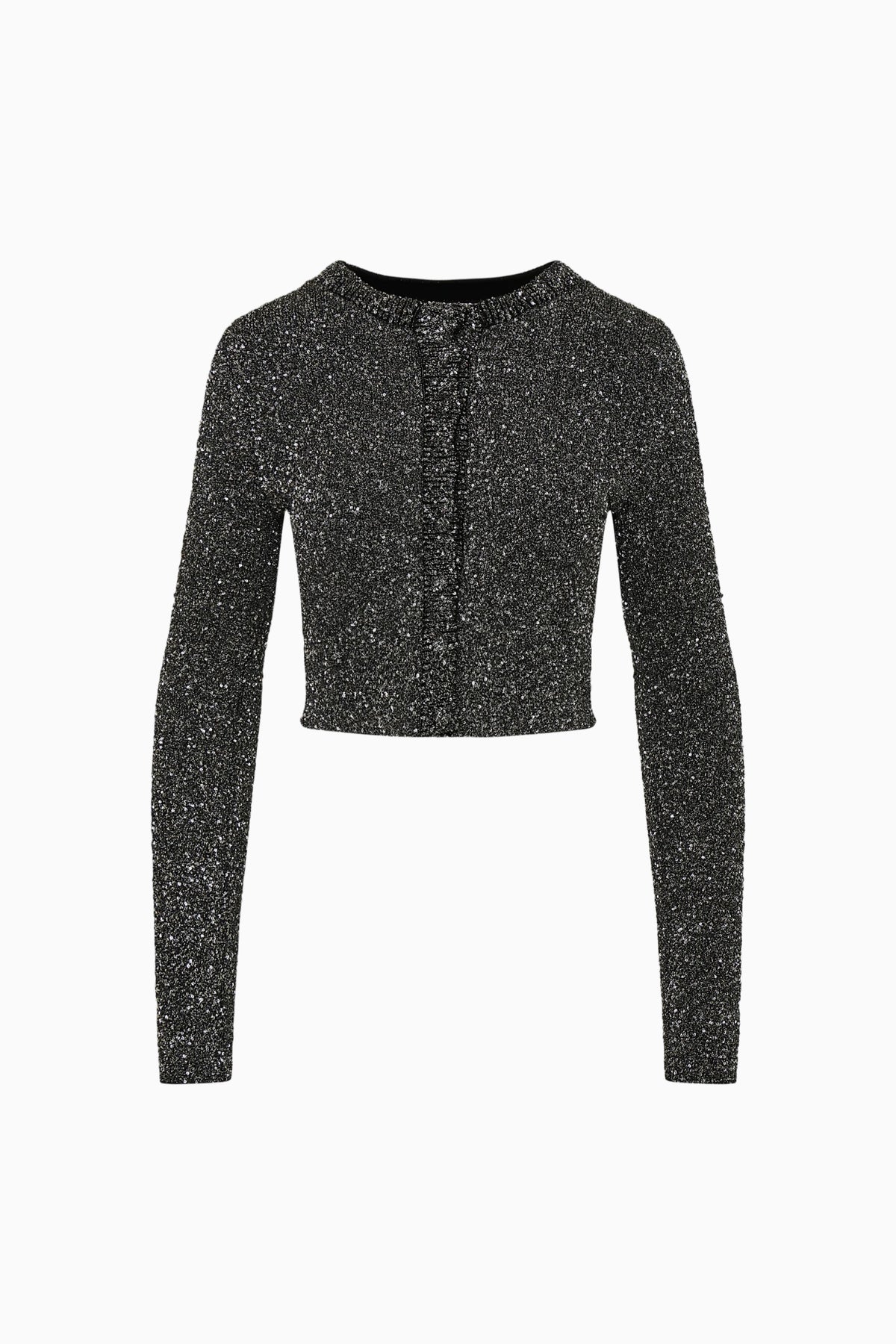 Black sequin stretch knit cardigan flat lay, long sleeves and button-front design