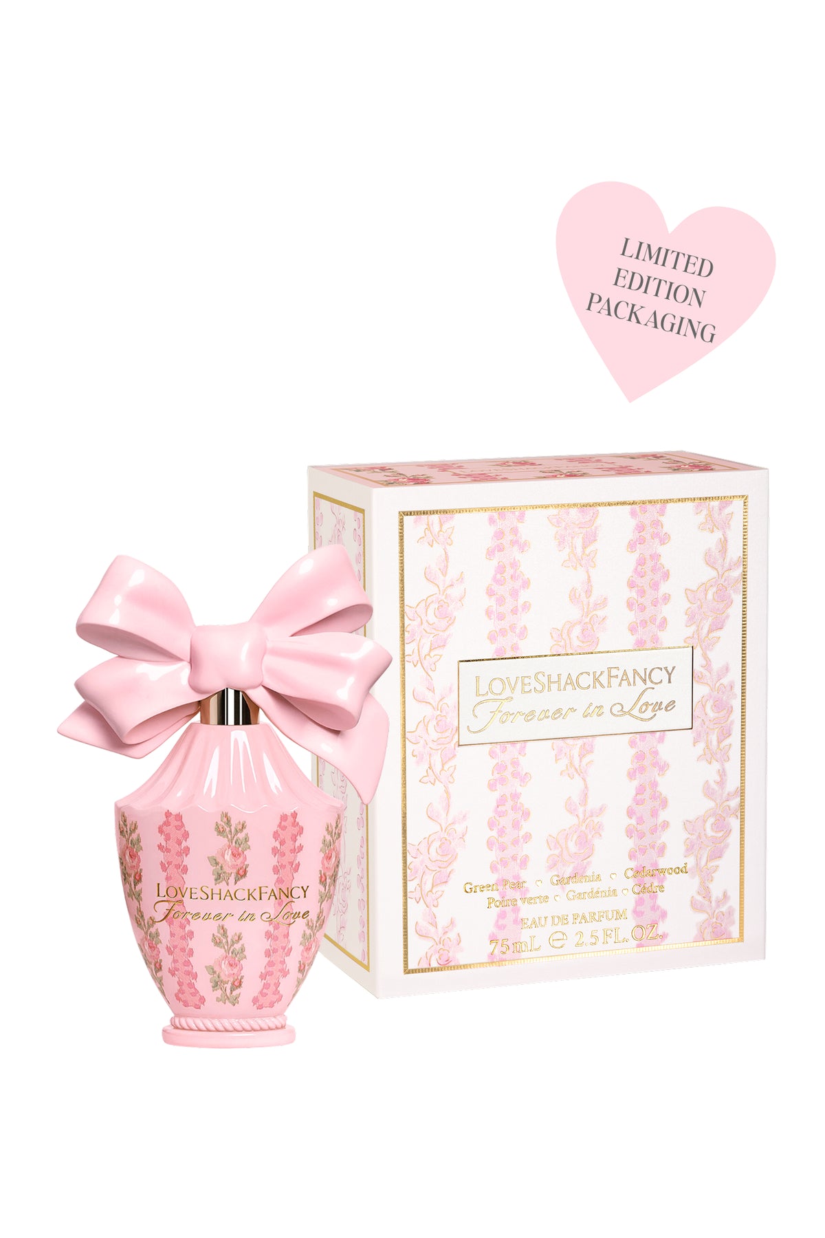 Pink eau de parfum bottle and gift box with satin bow, limited edition heart