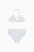Light blue ditsy floral triangle bikini with tie straps and matching high-rise bottoms