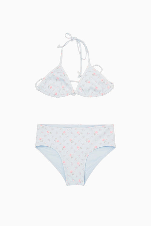 Light blue ditsy floral triangle bikini with tie straps and matching high-rise bottoms