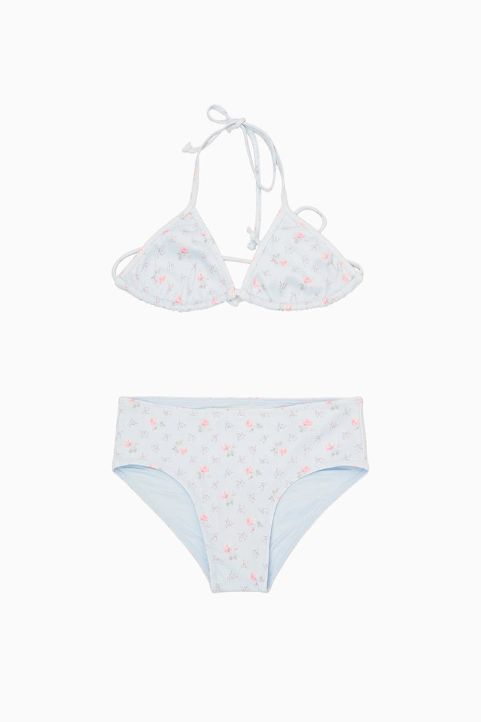 Light blue ditsy floral triangle bikini with tie straps and matching high-rise bottoms