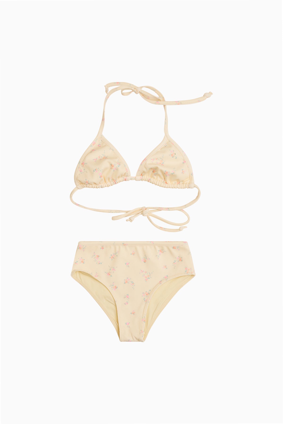 Girls' ditsy floral bikini set, pale yellow triangle top with matching briefs