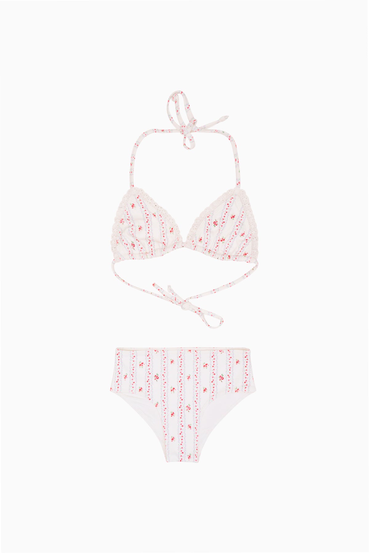 Girls cherry stripe bikini set, red-and-white triangle top with matching high-waist bottoms