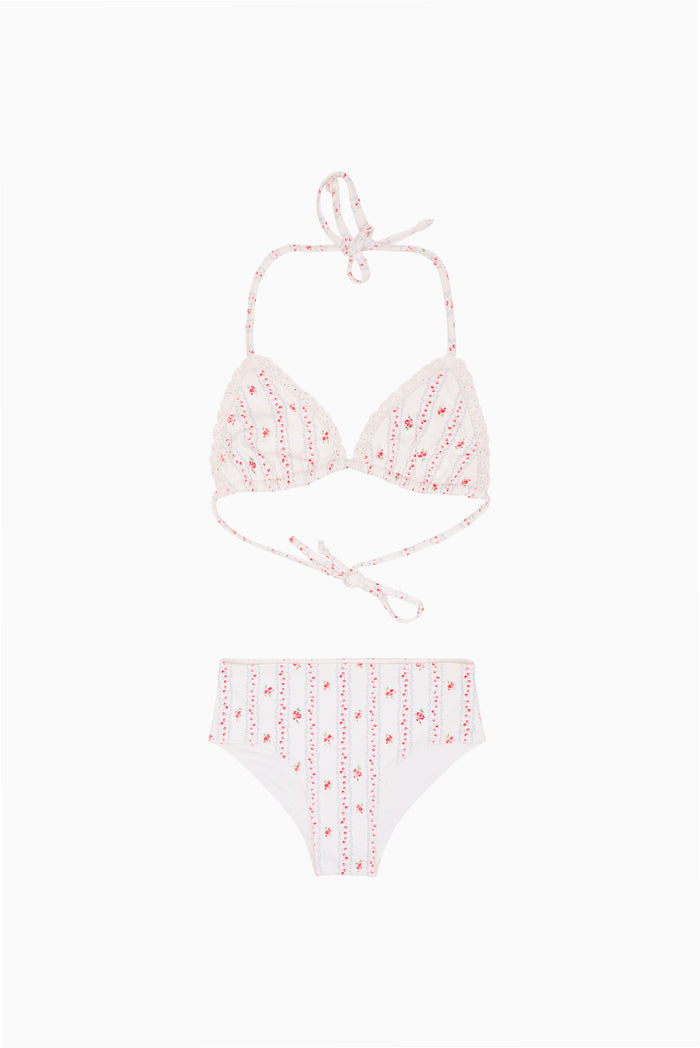 Girls cherry stripe bikini set, red-and-white triangle top with matching high-waist bottoms