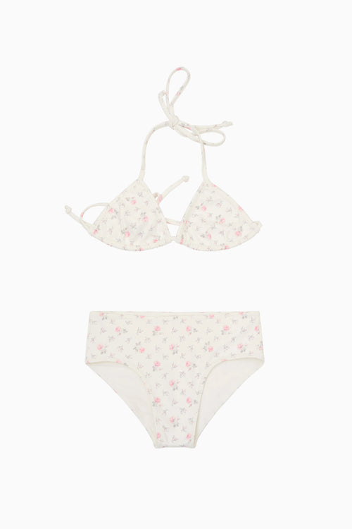 Light blue ditsy floral bikini set: triangle top with bow ties and high-rise briefs