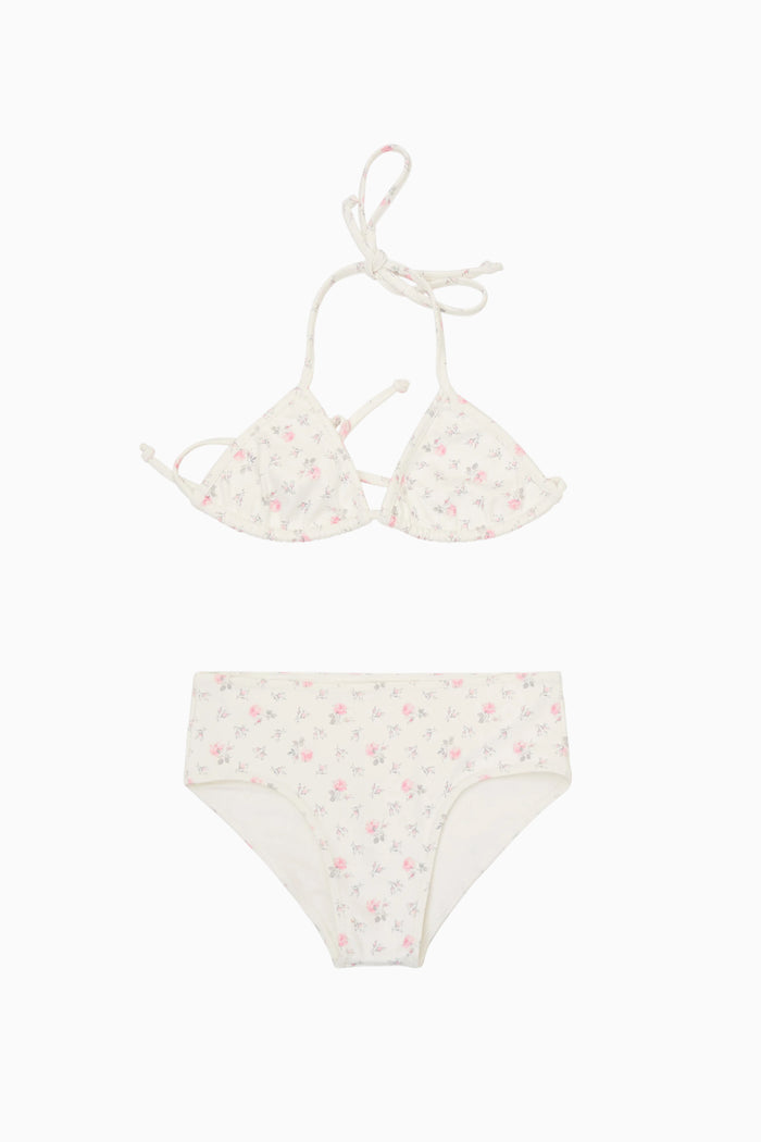 Light blue ditsy floral bikini set: triangle top with bow ties and high-rise briefs