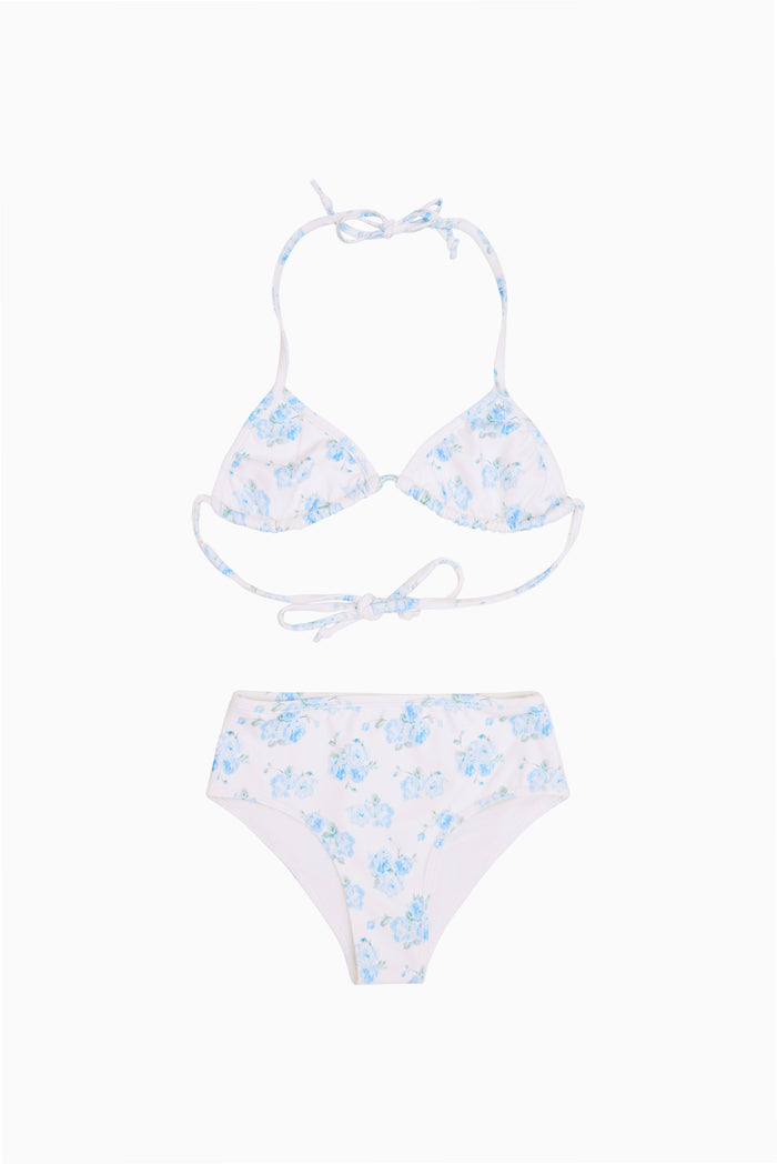 Girls blue floral bikini set with tie halter top and matching bottom