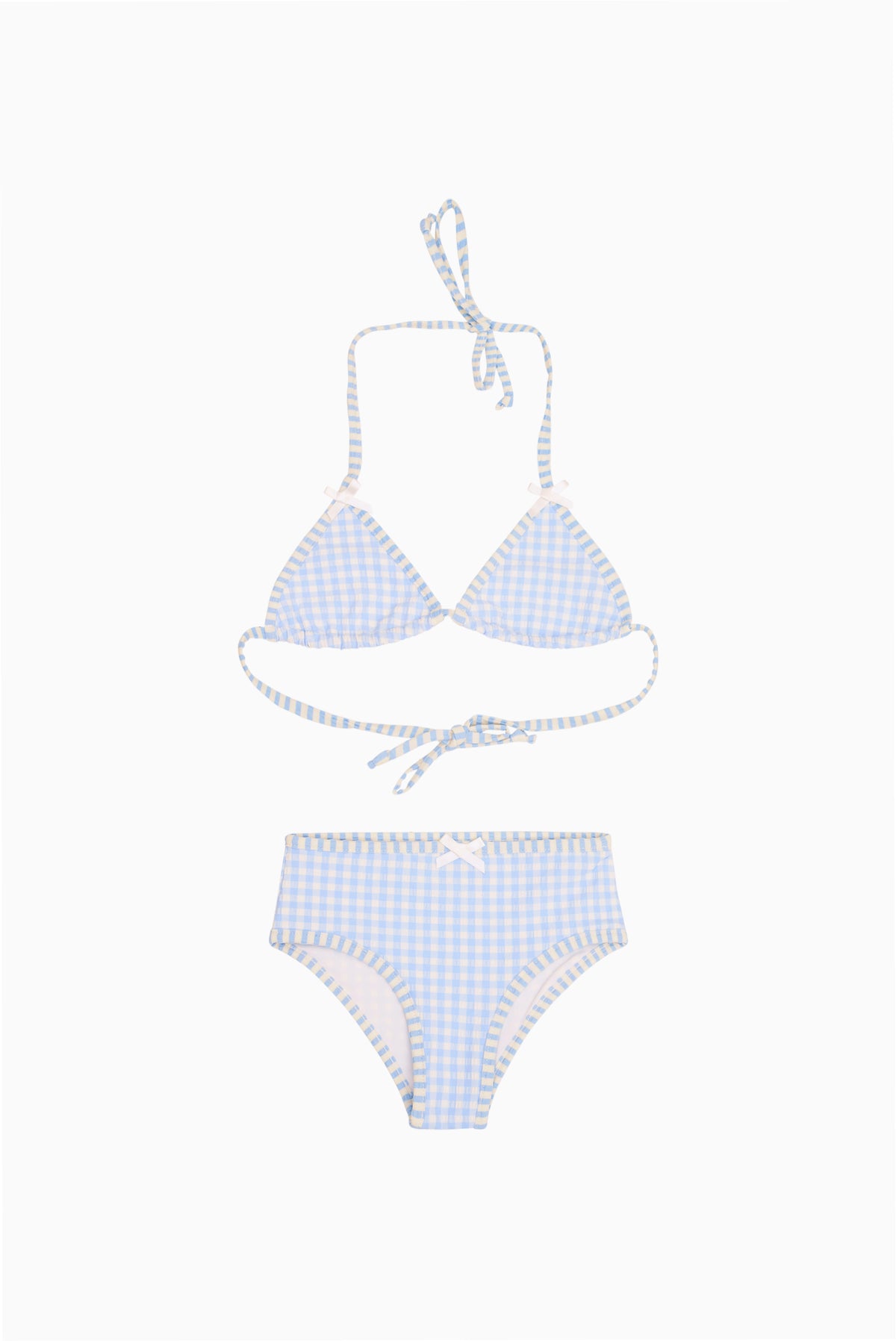 Girls gingham halter bikini set with ruffled top and high-waist bottoms, light blue and white