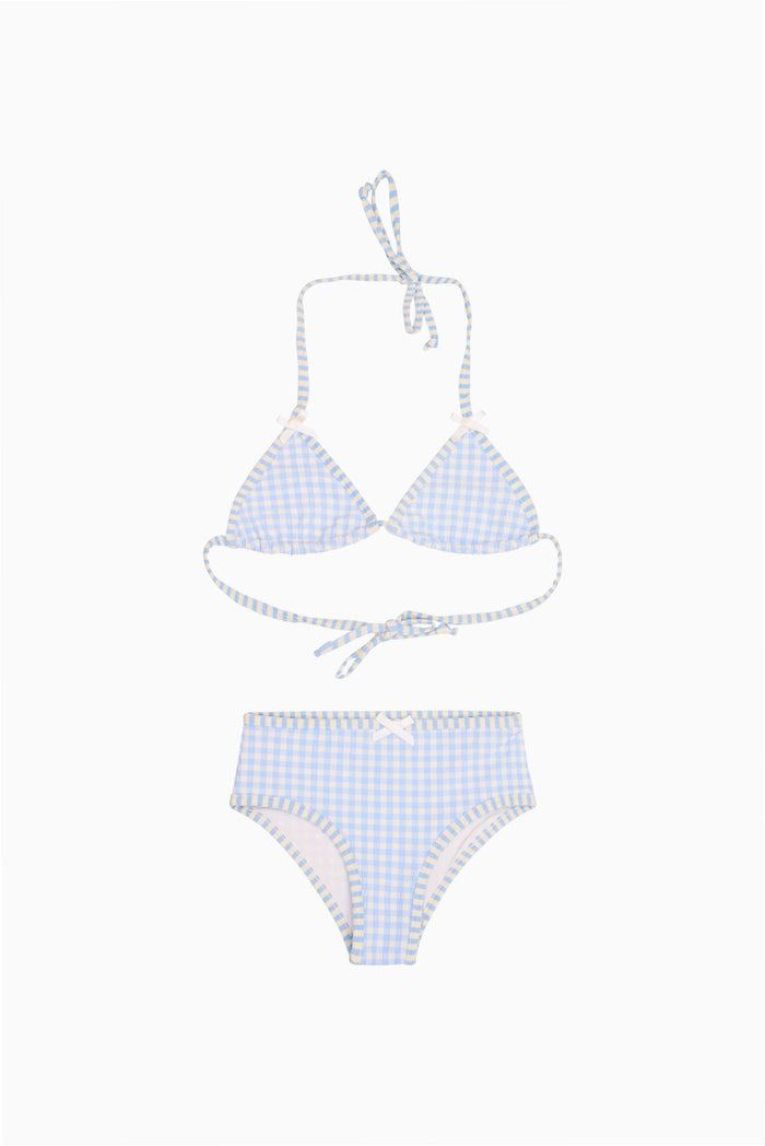 Girls gingham halter bikini set with ruffled top and high-waist bottoms, light blue and white