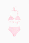Girls' ditsy floral bikini set, pink triangle top with ruffle trim and matching briefs