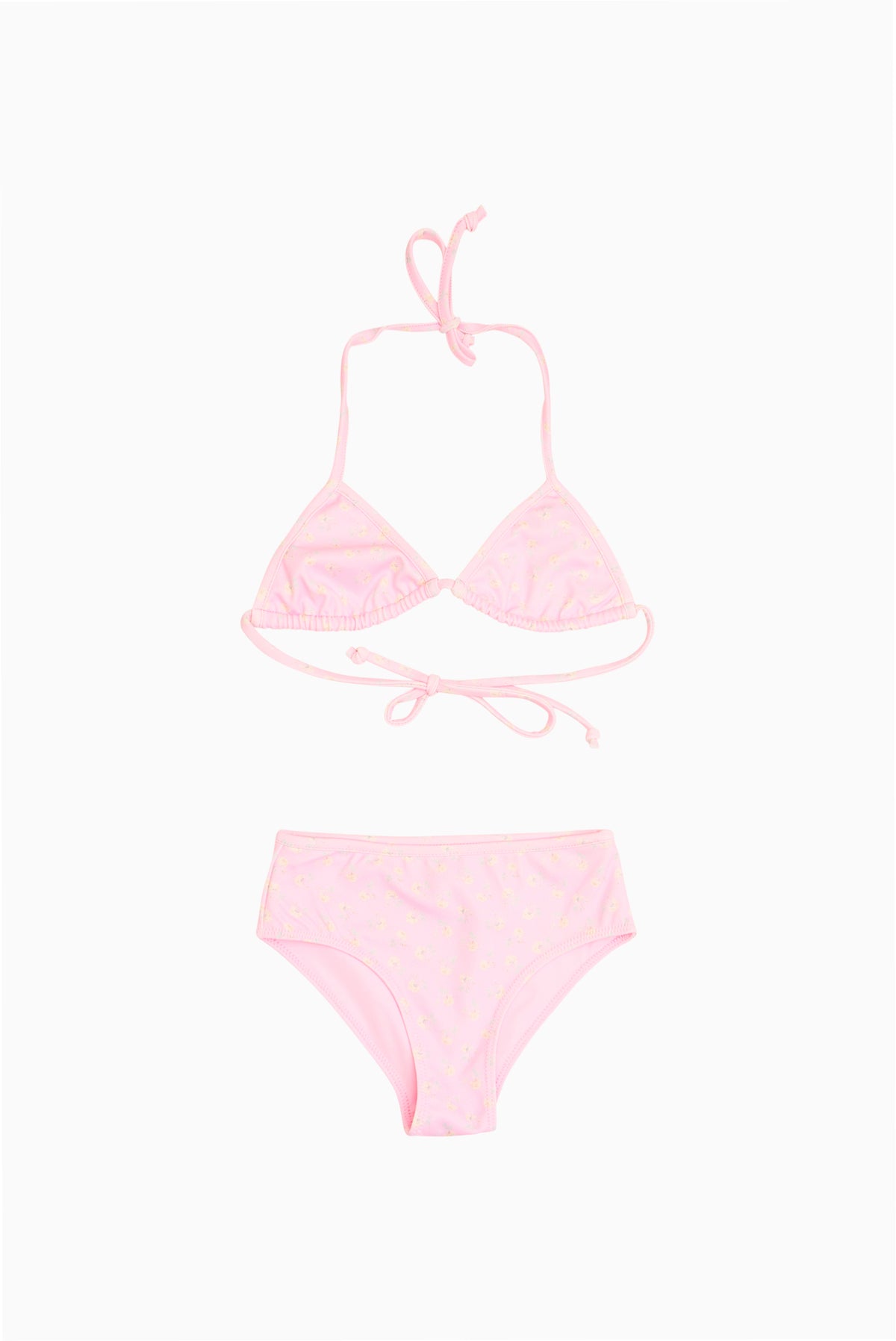 Girls' ditsy floral bikini set, pink triangle top with ruffle trim and matching briefs