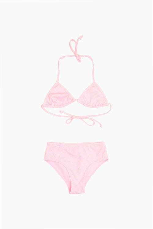 Girls' ditsy floral bikini set, pink triangle top with ruffle trim and matching briefs