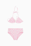 Pink check-pattern ruffle triangle bikini with tie-back top and matching high-rise bottoms