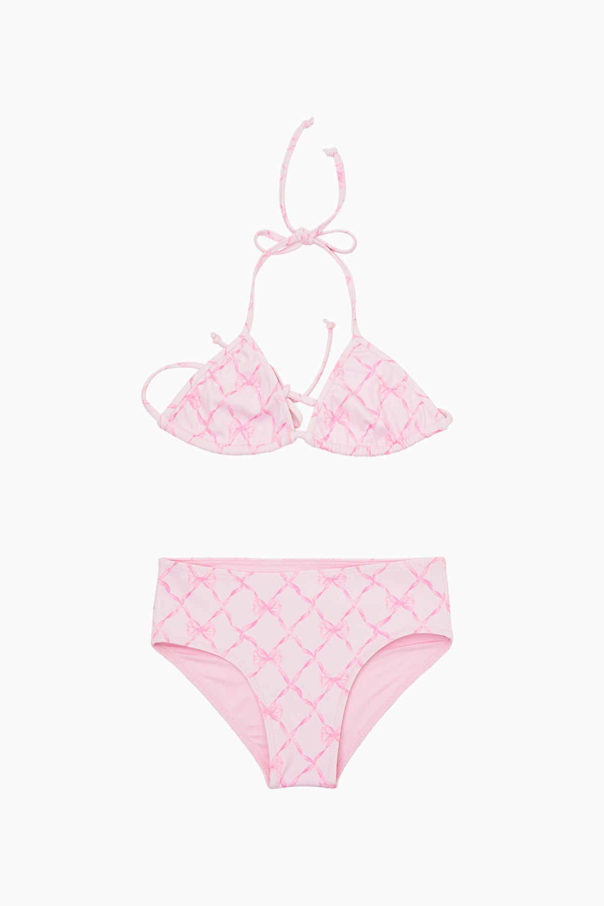 Pink check-pattern ruffle triangle bikini with tie-back top and matching high-rise bottoms
