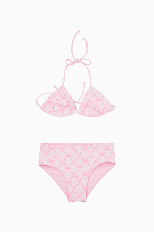 Pink check-pattern ruffle triangle bikini with tie-back top and matching high-rise bottoms