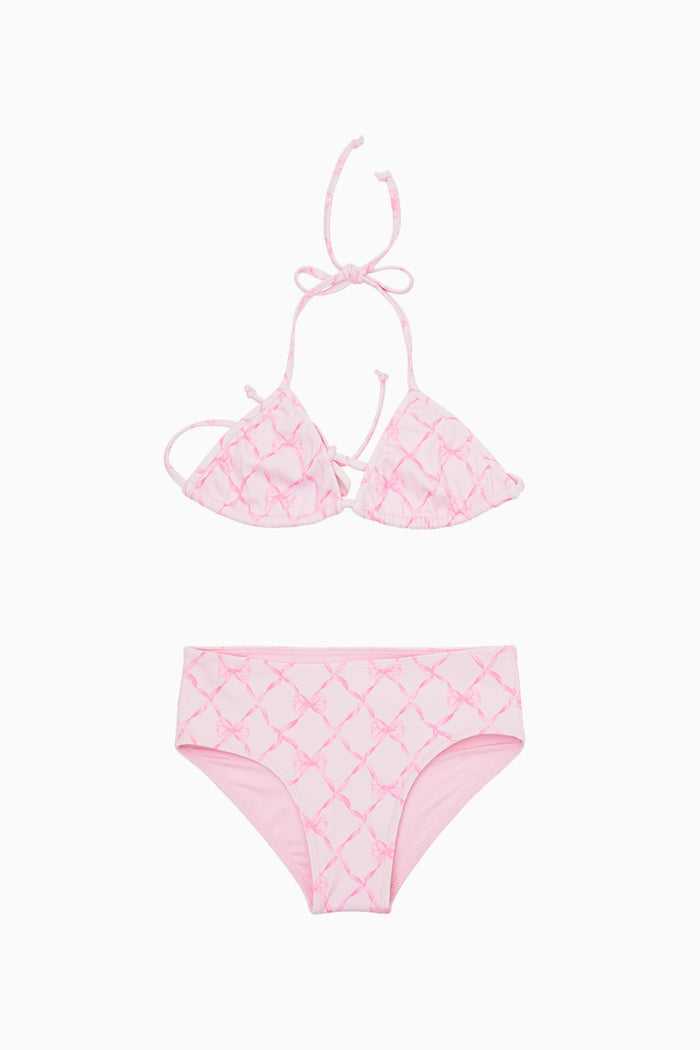 Pink check-pattern ruffle triangle bikini with tie-back top and matching high-rise bottoms