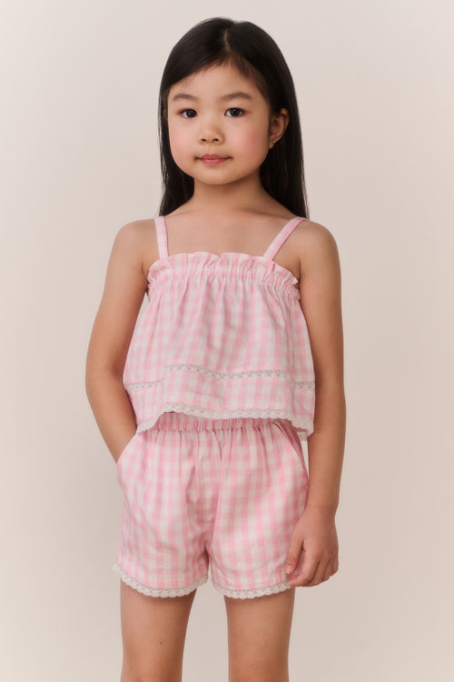 Girls pink gingham ruffle camisole top with gathered neckline and thin straps