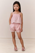 Girls pink gingham ruffle camisole top with tiered ruffle layers and thin straps