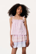 Tween Billie skirt with elastic waist, pink top tier and blue ruffled layers
