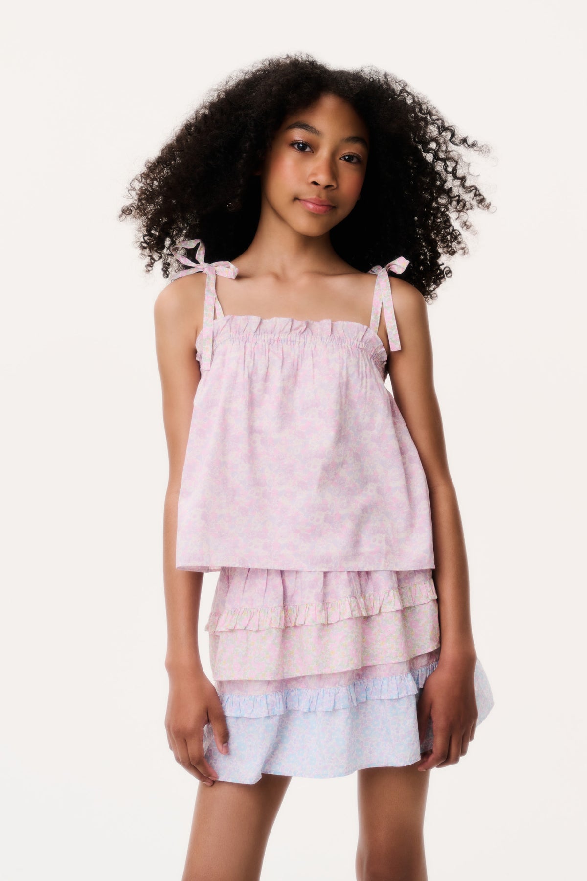 Tween Billie skirt with elastic waist, pink top tier and blue ruffled layers
