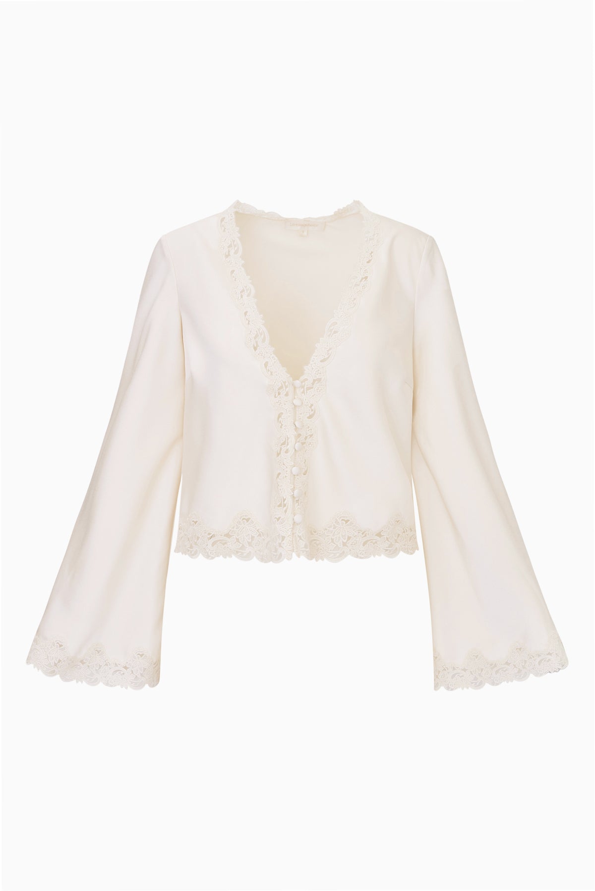 Cream lace-trimmed crepe top with long bell sleeves and V-neck