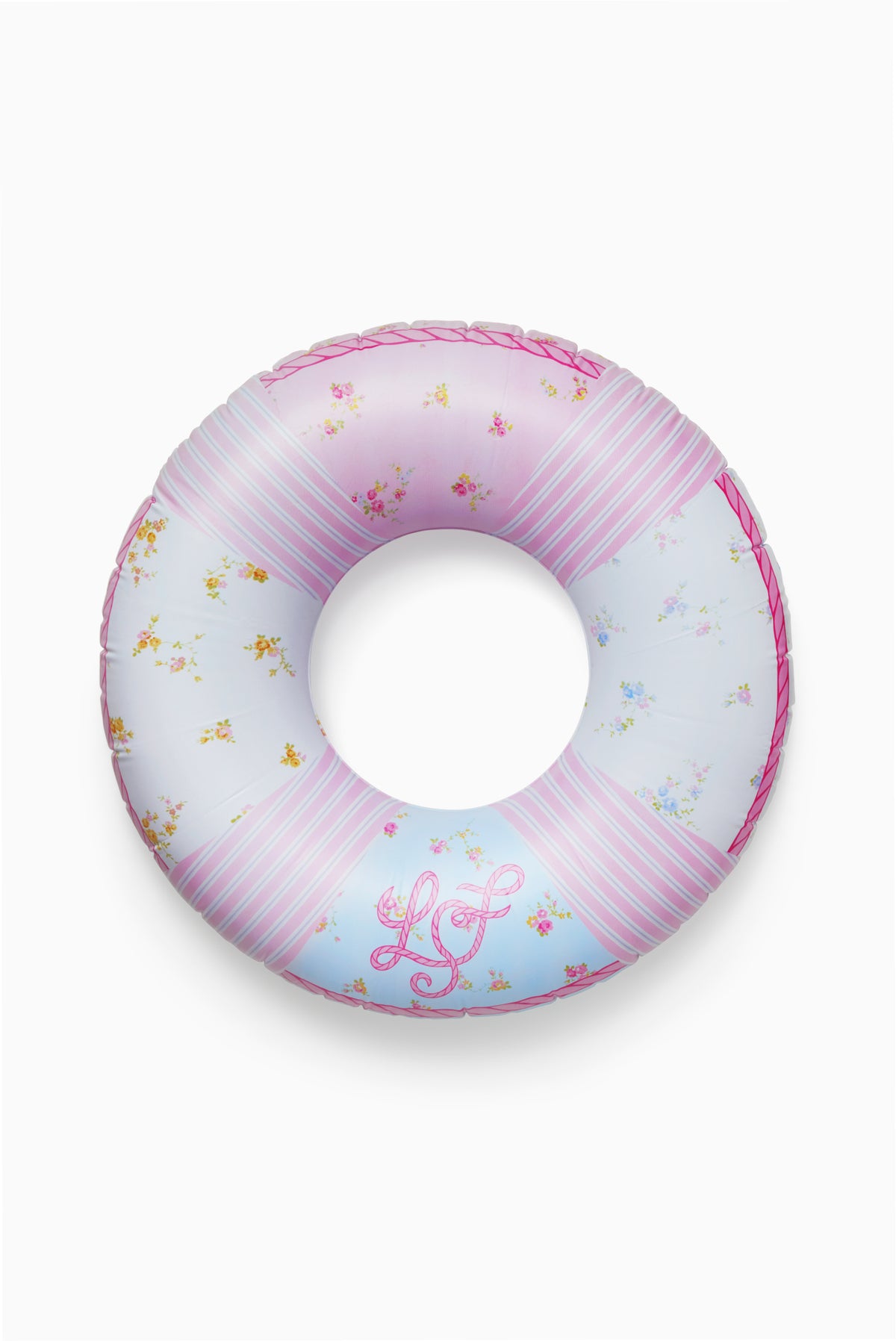 White-and-pink striped pool float with small flowers and cursive logo