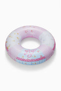 Light pink striped pool float with small flowers and cursive logo