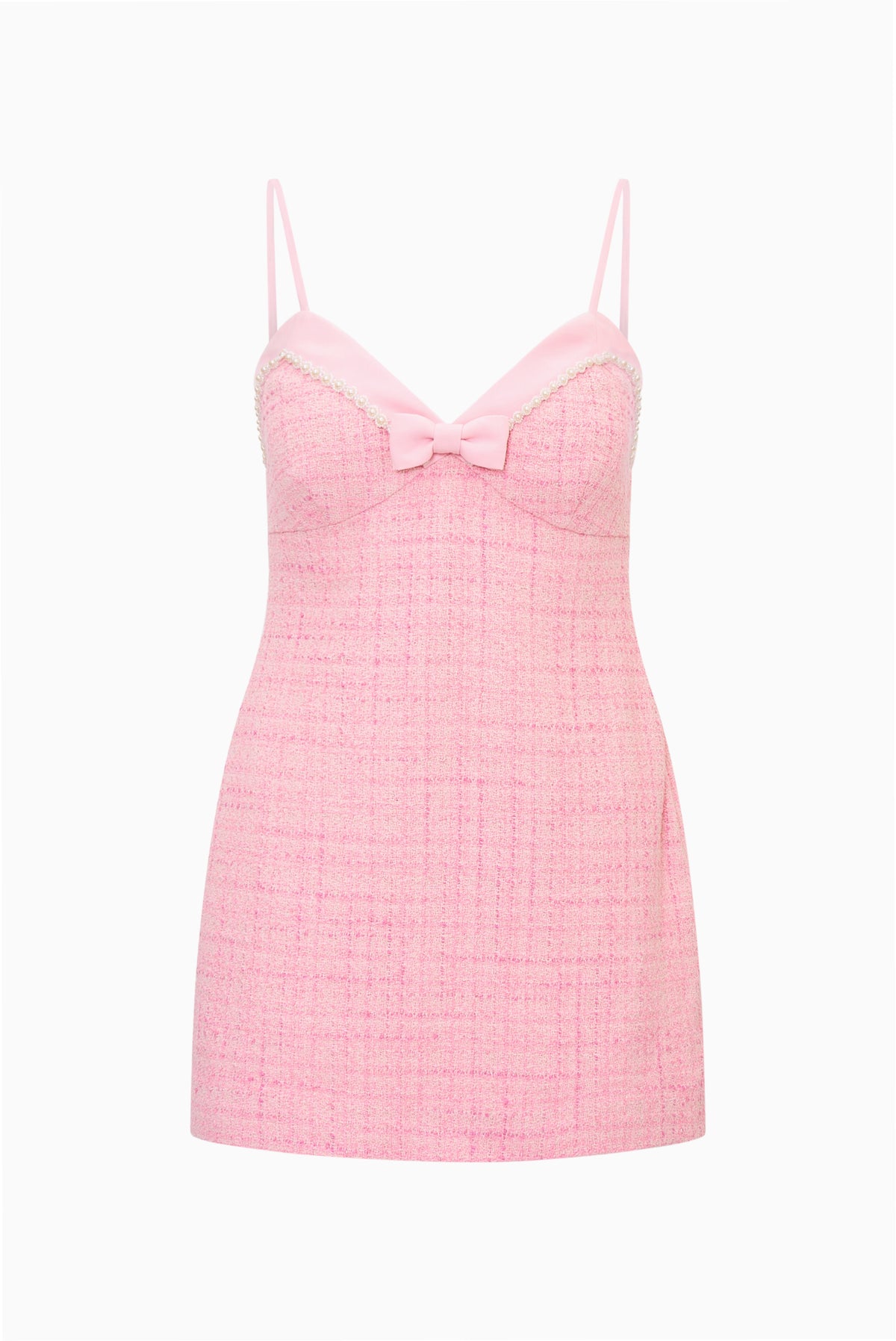 Pink tweed mini dress with spaghetti straps and front bow detail