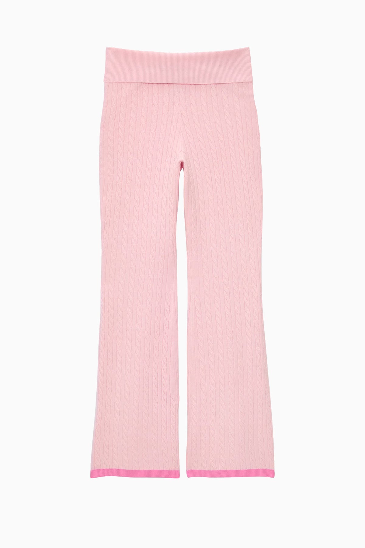 Light pink knit flare pants with foldover waistband and pink trim