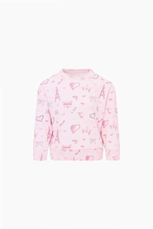 Girls' pullover sweatshirt in light pink with allover hearts and icons print