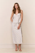 Light blue striped midi skirt, fitted cut with lace trim at hem